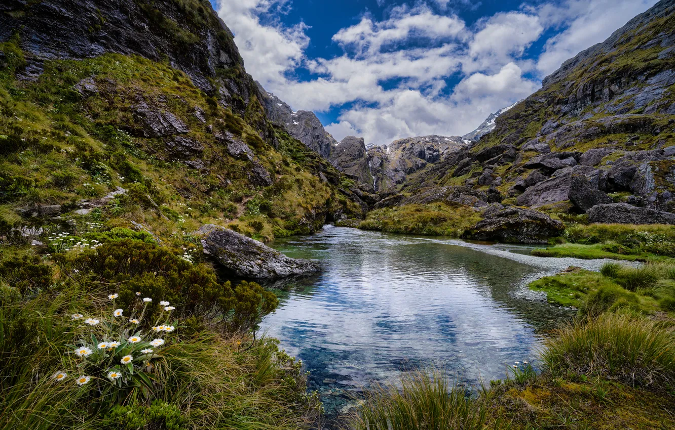 Photo wallpaper clouds, mountains, lake