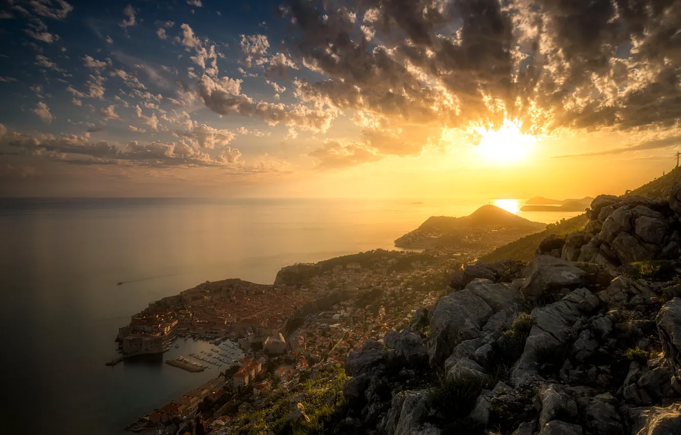 Photo wallpaper sea, sunset, mountains, the city, Croatia, Dubrovnik