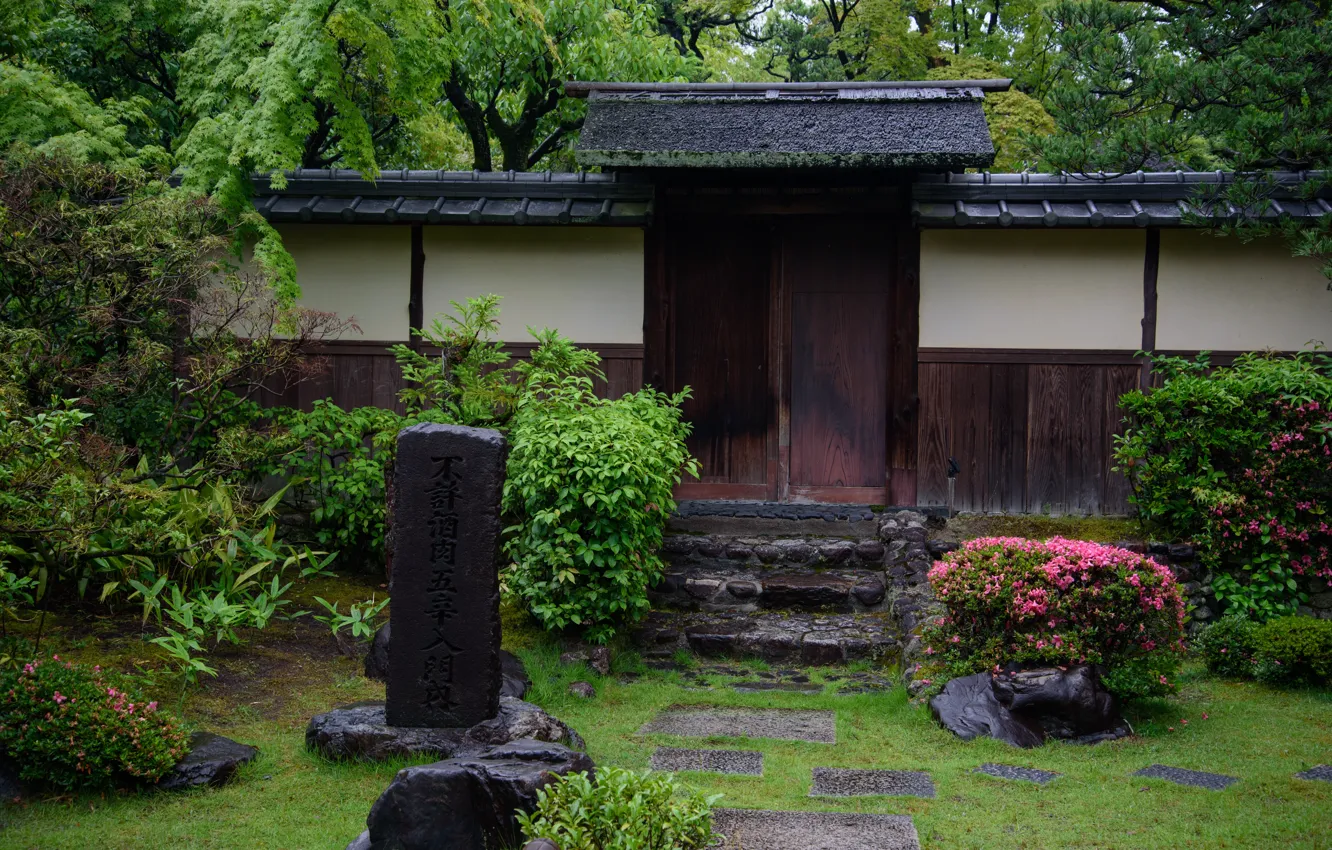 Photo wallpaper flowers, nature, stones, wall, Japan, garden