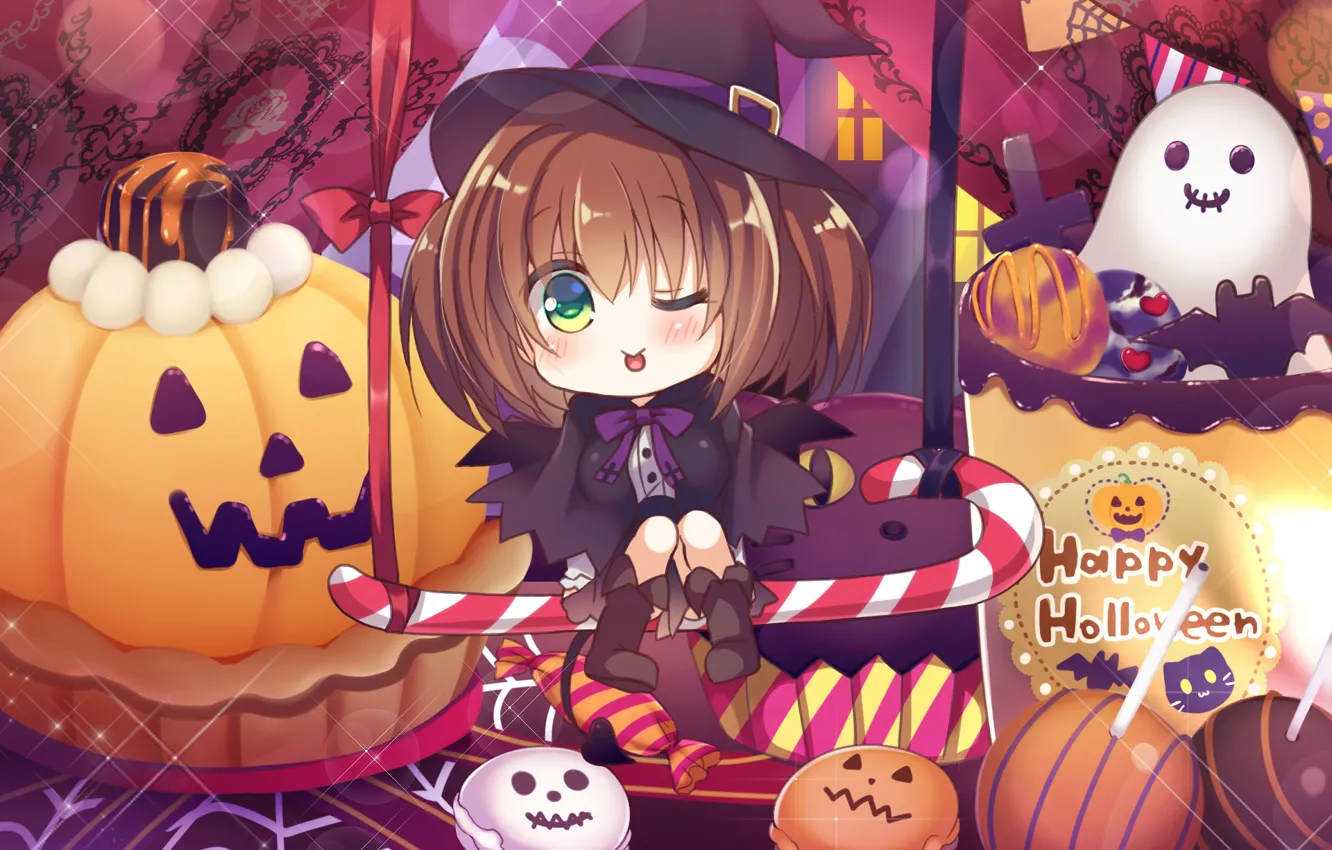 Photo wallpaper anime, art, girl, pumpkin, Halloween