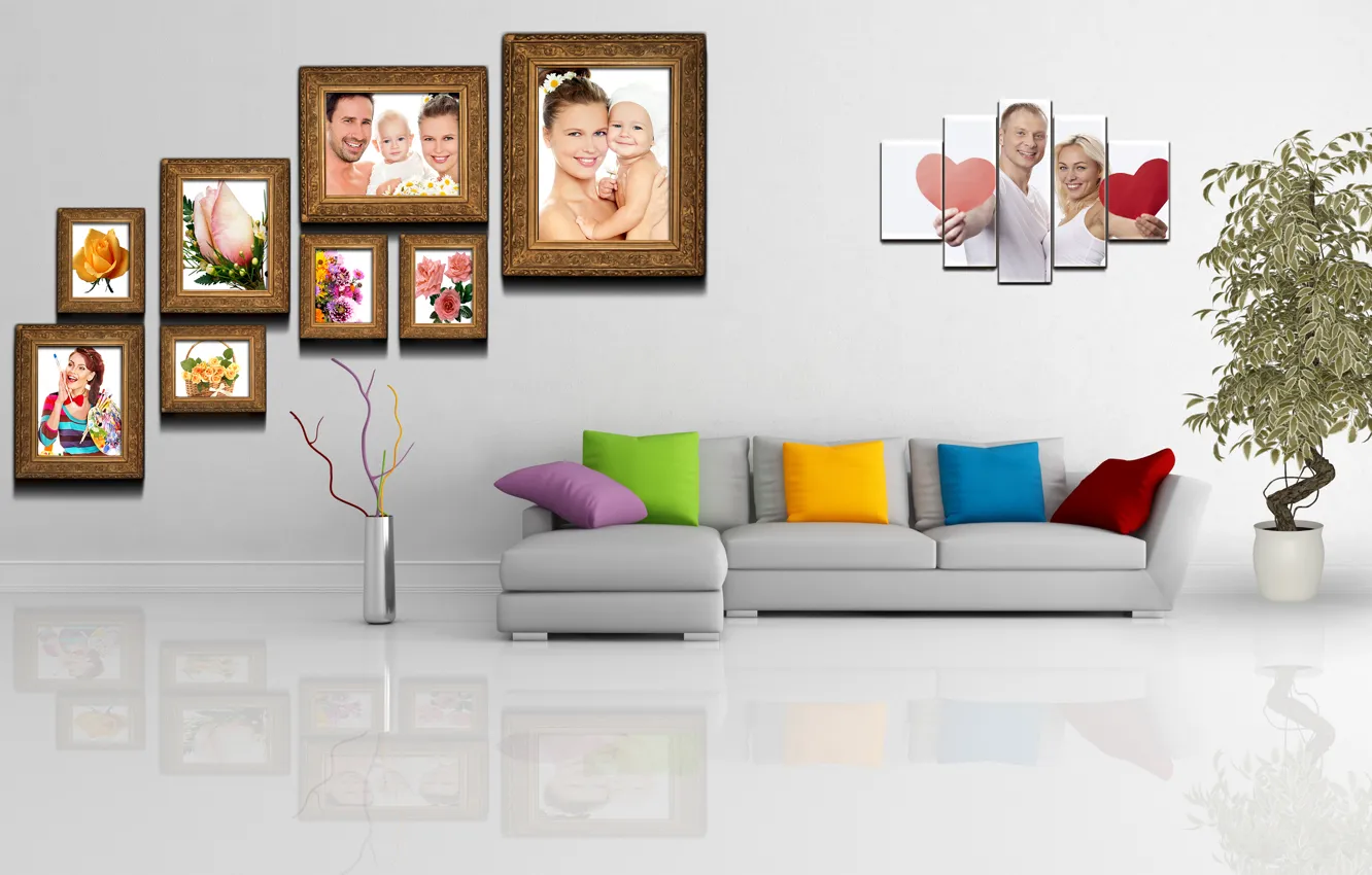 Photo wallpaper room, sofa, wall, plant, picture, pot, polyptych