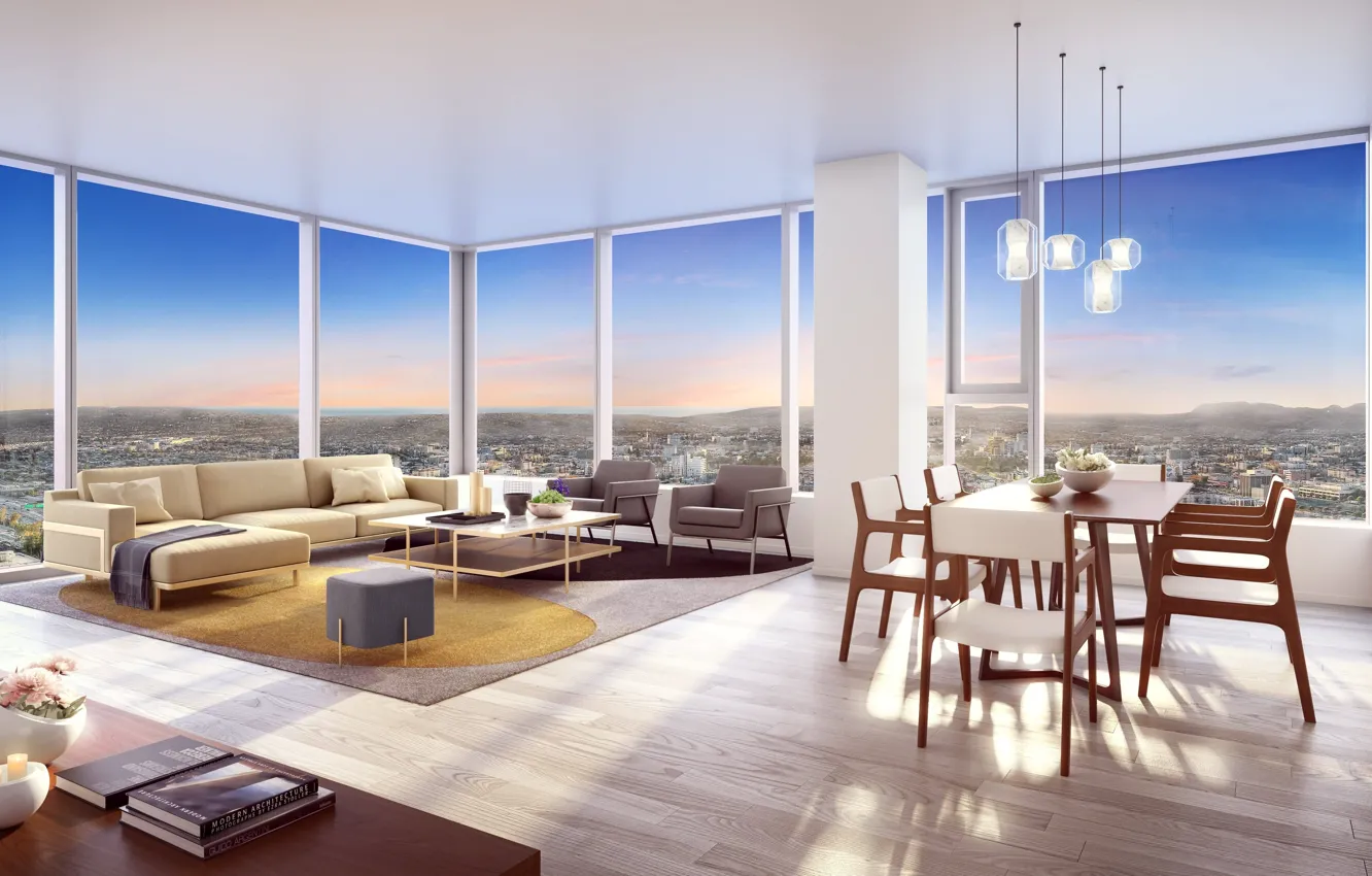 Photo wallpaper interior, megapolis, Los Angeles, living room, dining room, Metropolis