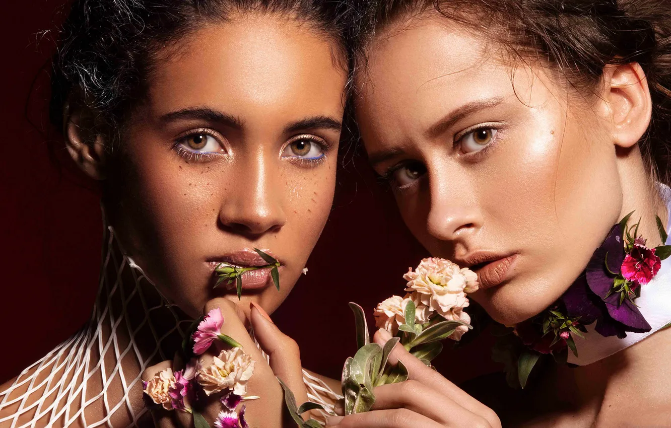 Photo wallpaper girl, eyes, smile, flowers, beautiful, model, pretty, beauty