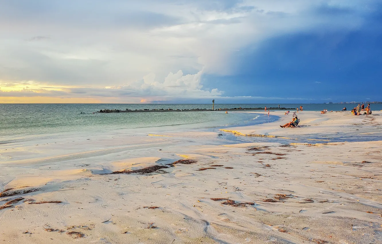Photo wallpaper sand, sea, beach, clouds, blue, shore, people, resting