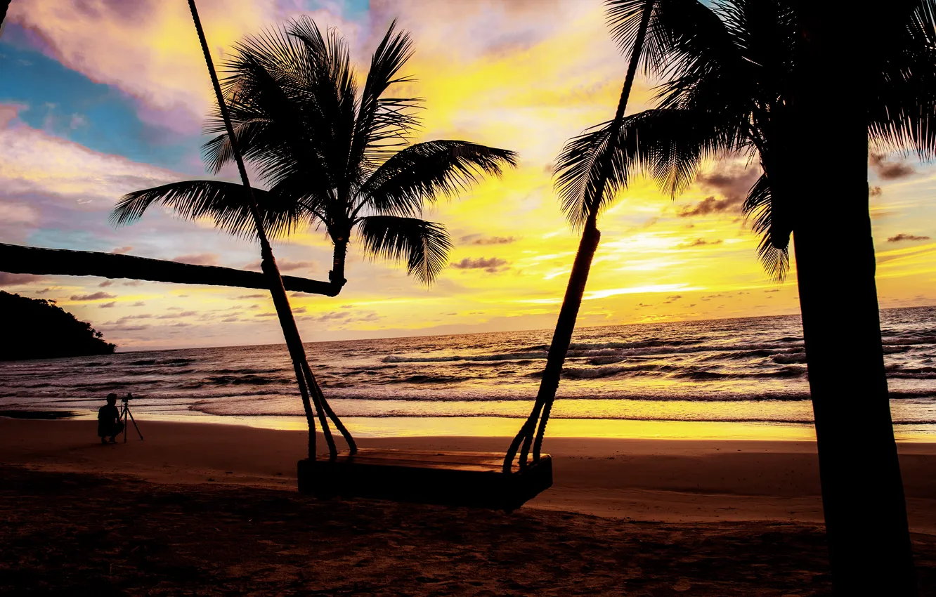 Photo wallpaper sand, sea, beach, summer, the sky, sunset, palm trees, swing