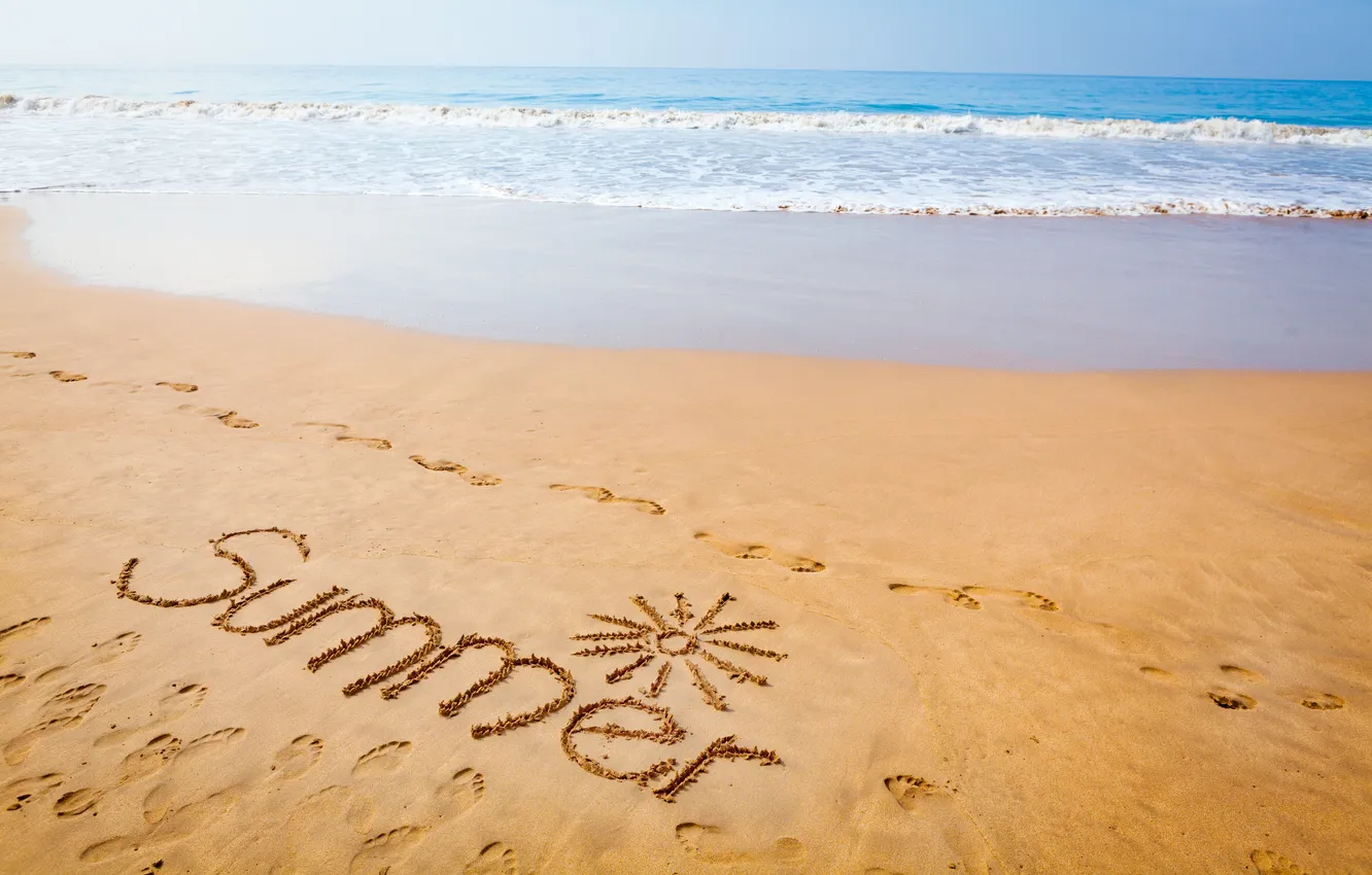 Photo wallpaper sand, sea, wave, beach, summer, the sky, clouds, shore