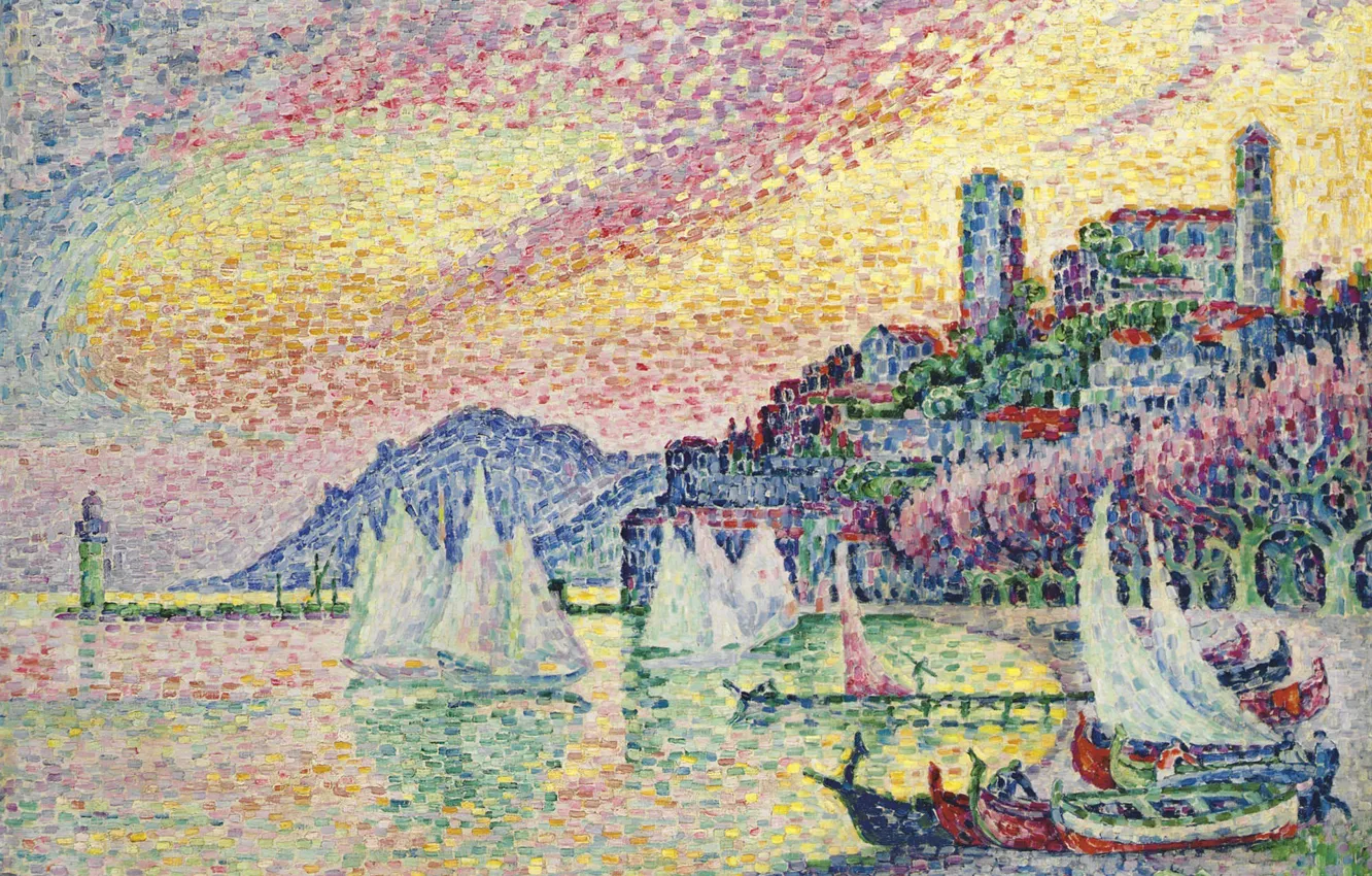 Photo wallpaper sea, landscape, boat, picture, sail, Paul Signac, pointillism, The harbour. Cannes