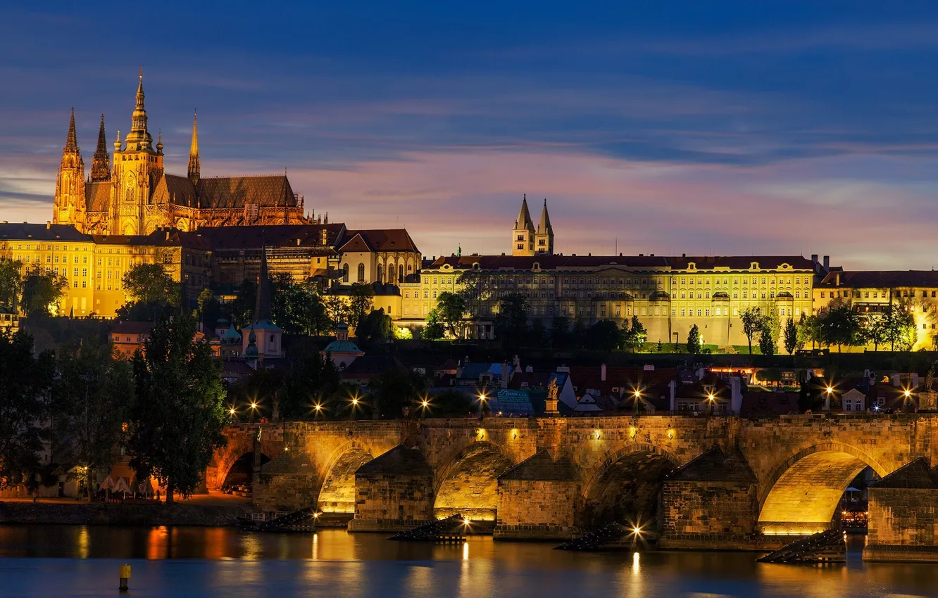 Photo wallpaper sunset, the city, lights, river, castle, the evening, Prague, Czech Republic