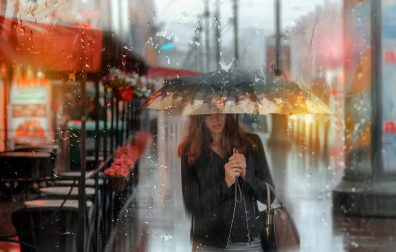 Photo wallpaper summer, girl, rain, umbrella, Saint Petersburg