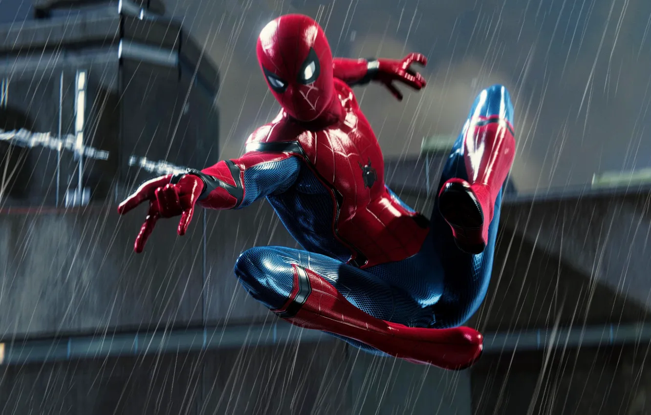 Photo wallpaper Rain, Spider Man, PS4, Playstation 4 Pro, Marvel's Spider-Man
