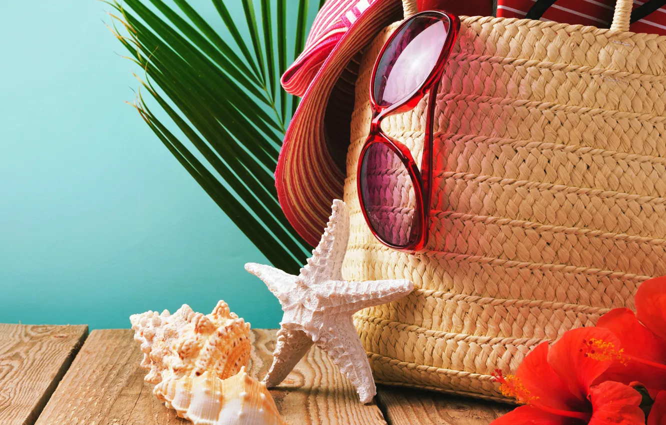 Photo wallpaper sand, beach, summer, hat, glasses, shell, summer, beach