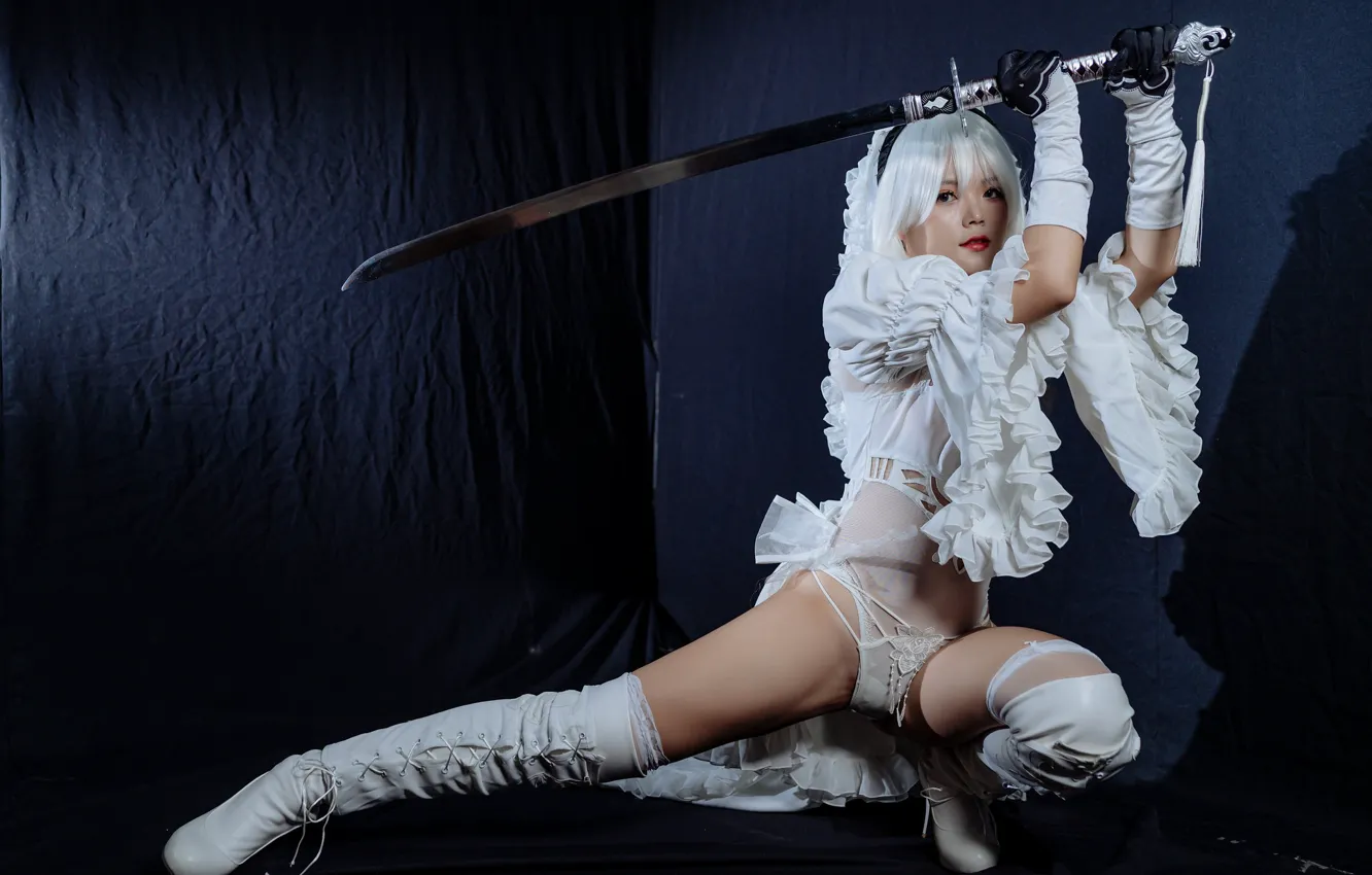 Photo wallpaper look, girl, face, pose, style, sword, cosplay