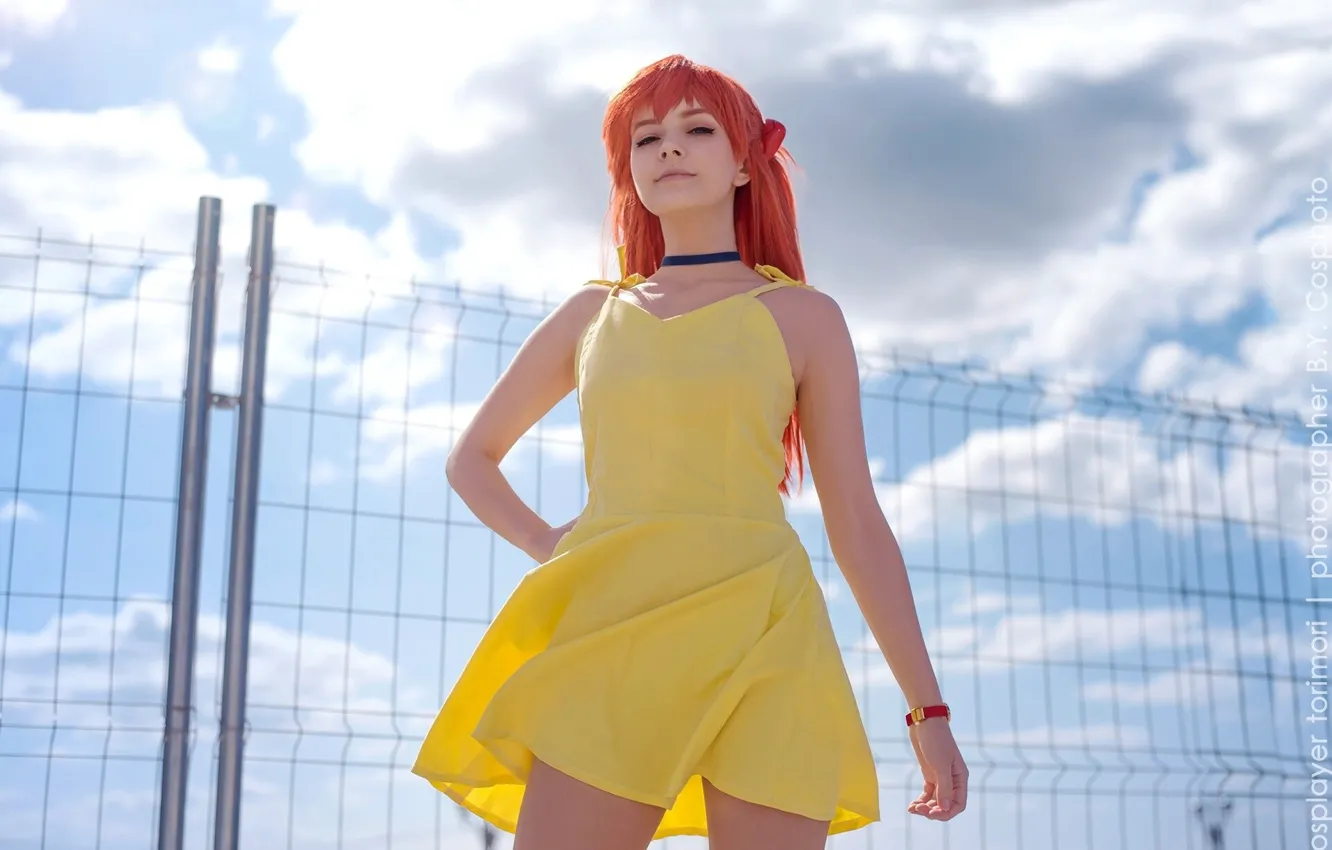 Photo wallpaper dress, Asuka Langley Soryu, women, redhead, cosplay, hands, yellow dress, choker
