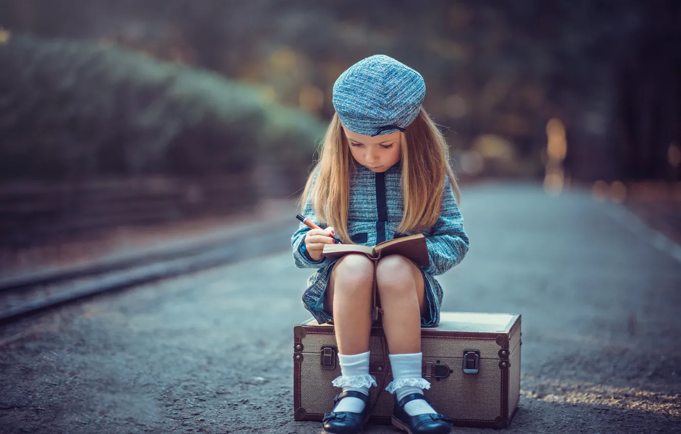 Photo wallpaper road, girl, suitcase, Young Travelers