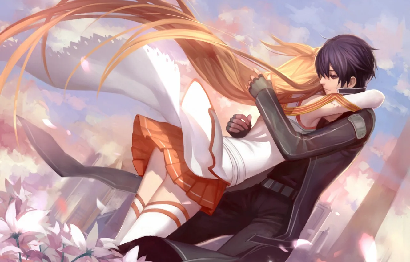 Photo wallpaper girl, flowers, the city, hair, art, hugs, guy, sword art online