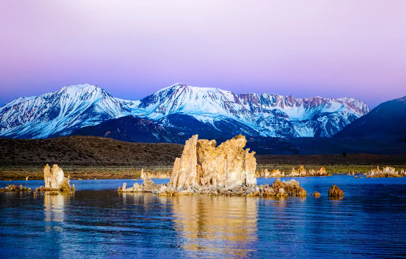 Photo wallpaper mountains, lake, dawn