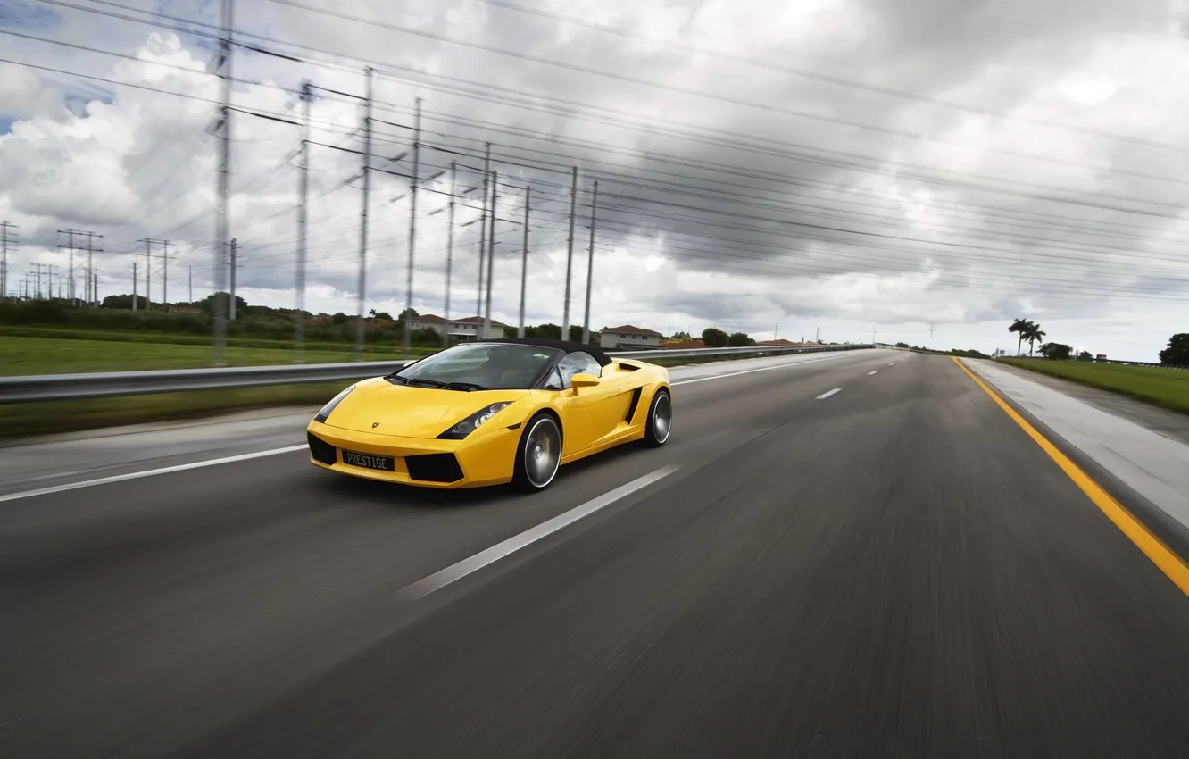 Photo wallpaper road, yellow, markup, posts, speed, Lamborghini, Gallardo, convertible