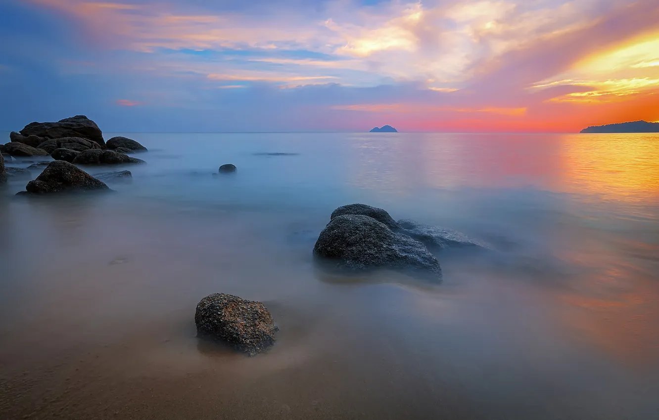 Photo wallpaper sea, the sky, stones, glow