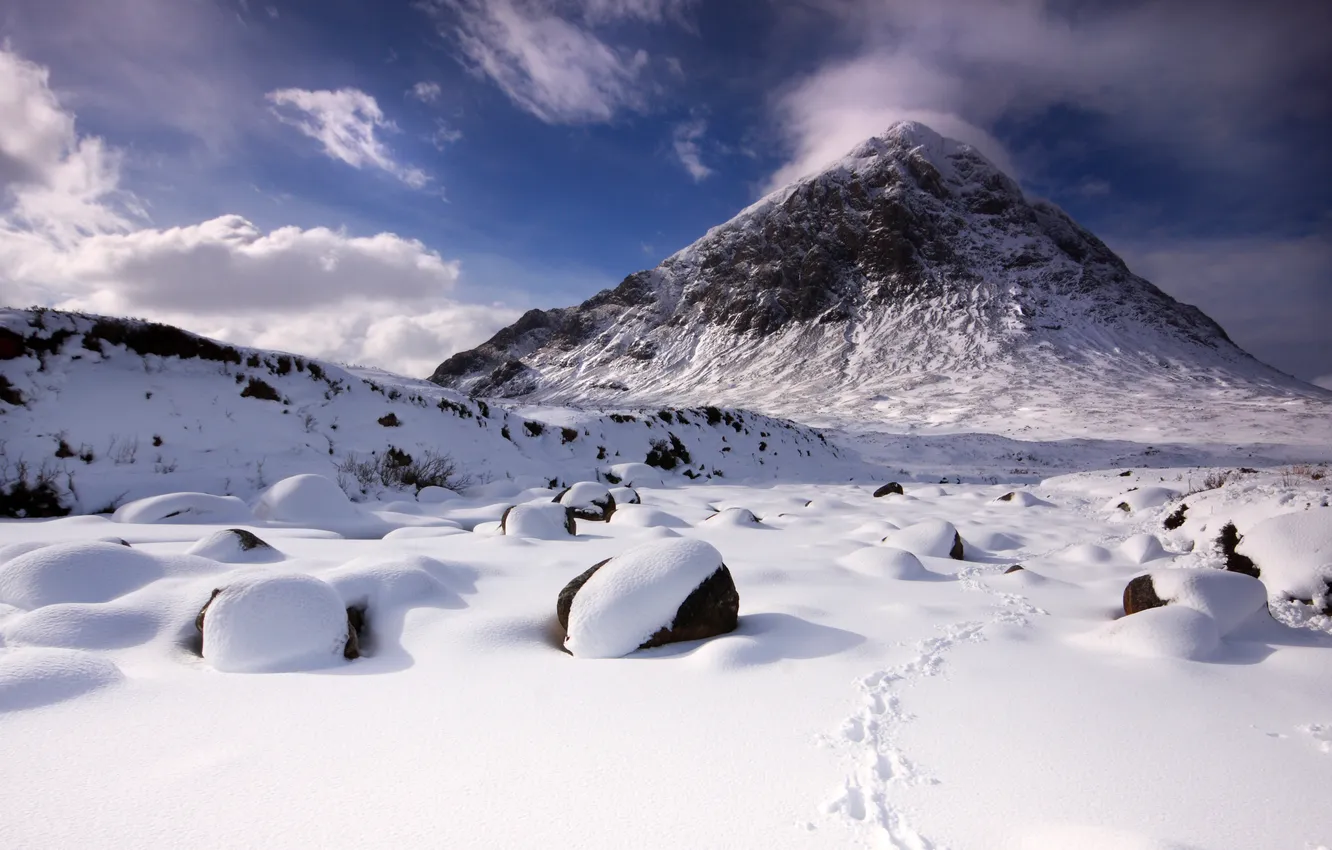 Photo wallpaper winter, snow, mountains, stones