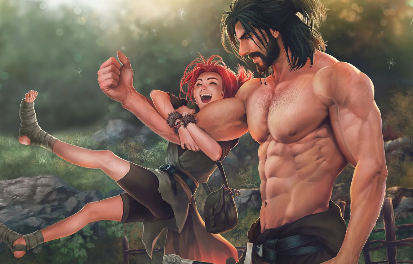 Photo wallpaper smile, hair, body, sword, hands, art, girl, male