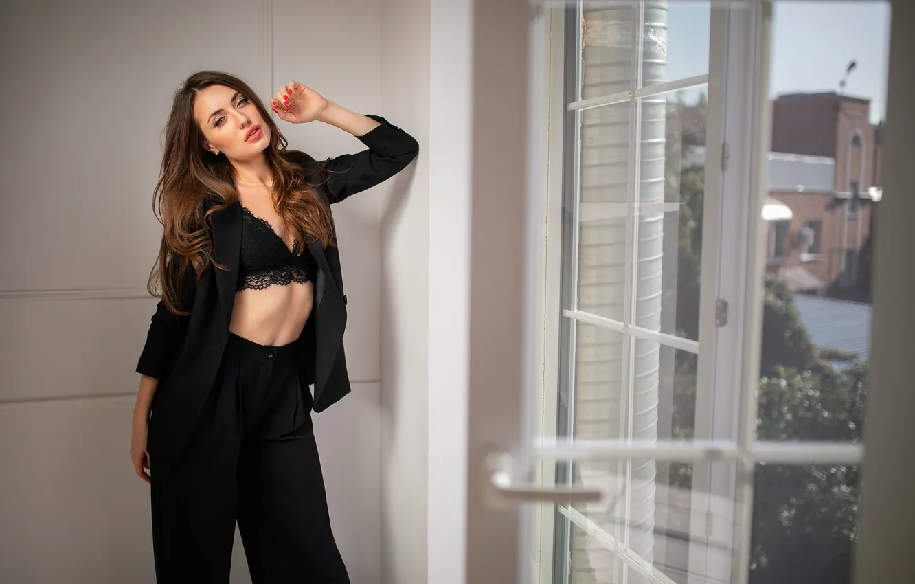 Photo wallpaper girl, pose, hands, window, costume, bra, long hair, pants