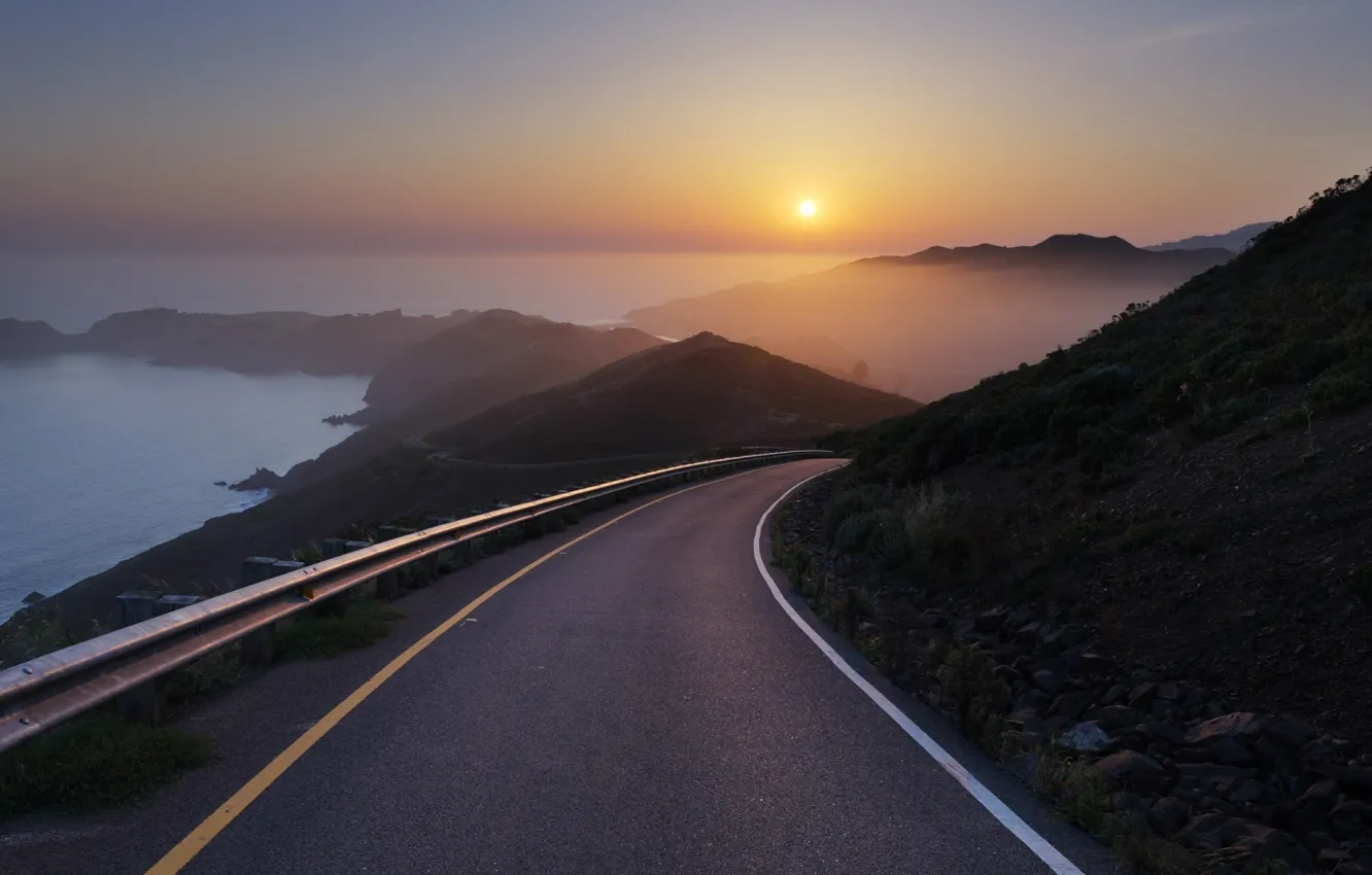 Photo wallpaper road, sea, sunset, fog