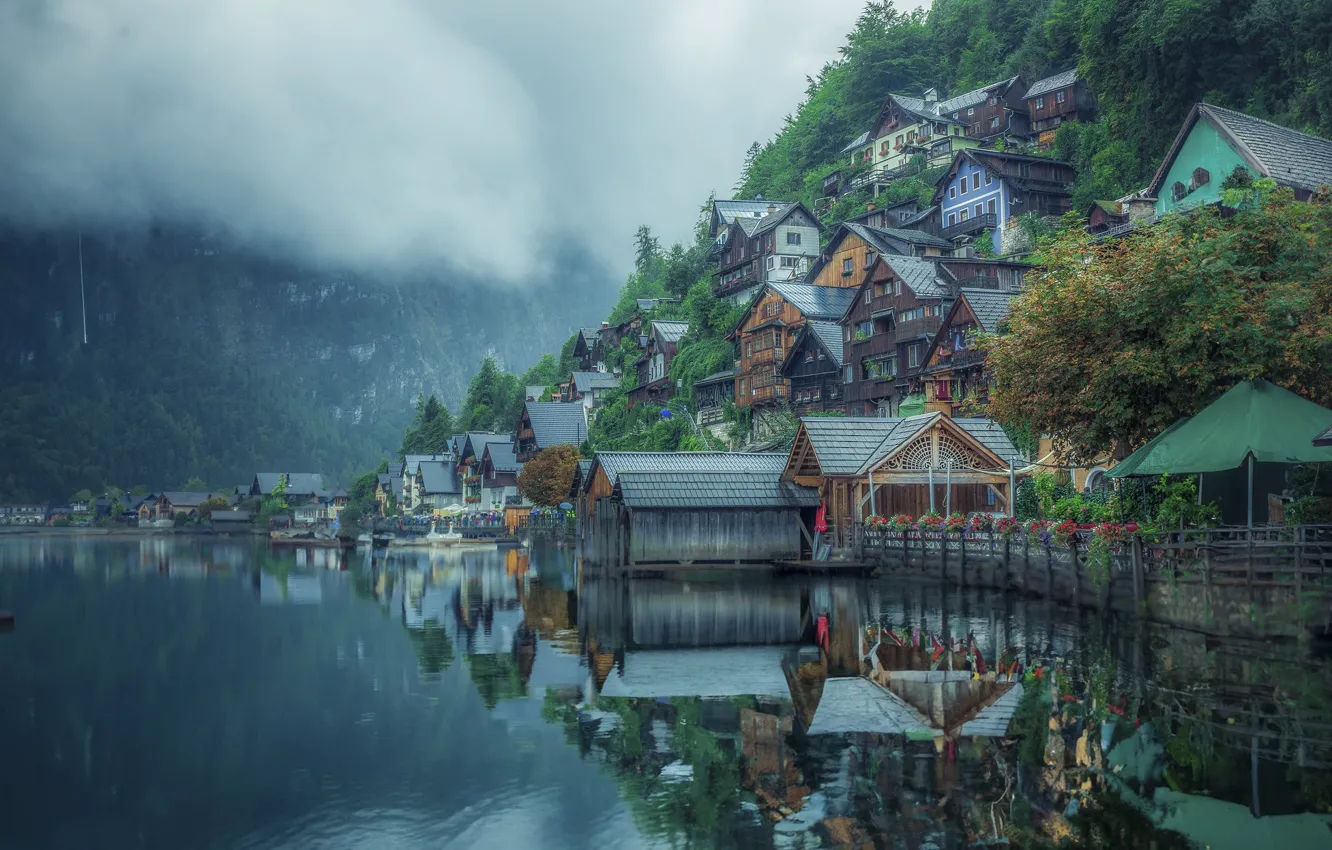 Photo wallpaper the sky, mountains, the city, fog, reflection, shore, building, home