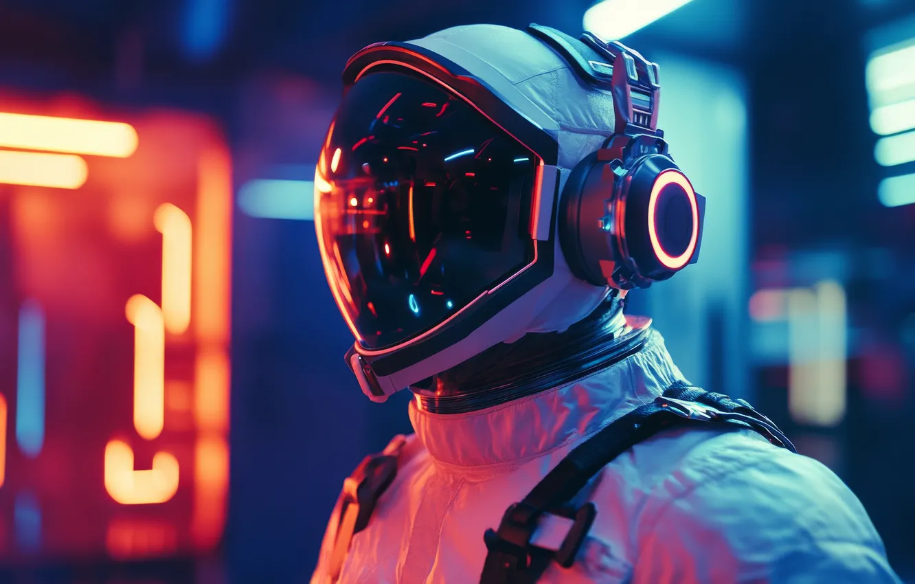 Photo wallpaper lights, reflection, fiction, people, astronaut, headphones, the suit, costume