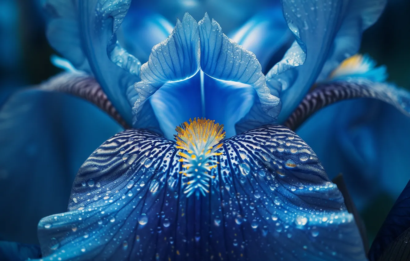Photo wallpaper drops, macro, flowers, blue, blue, iris, AI art, neural network