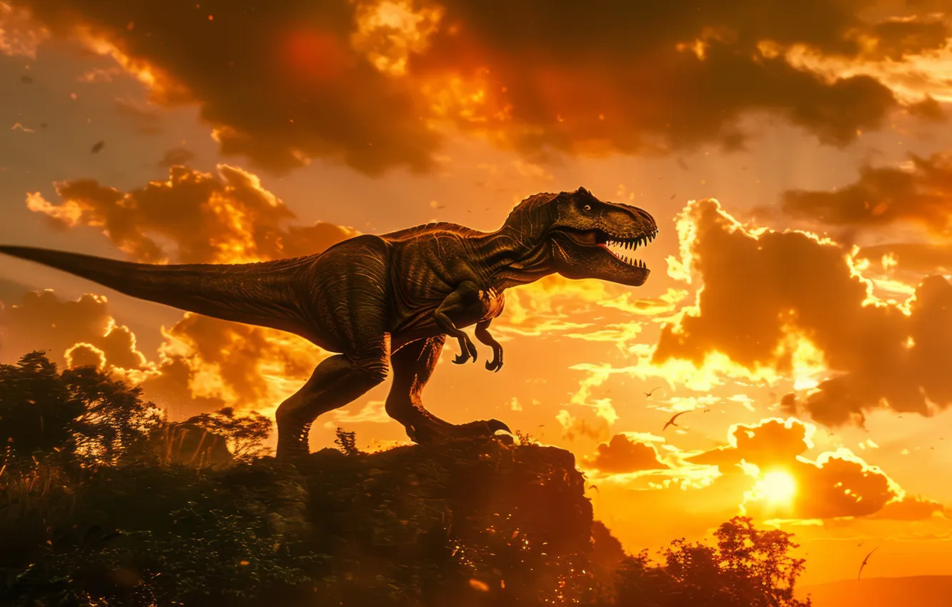 Photo wallpaper clouds, animal, dawn, dinosaur, predator, teeth, mouth, grin