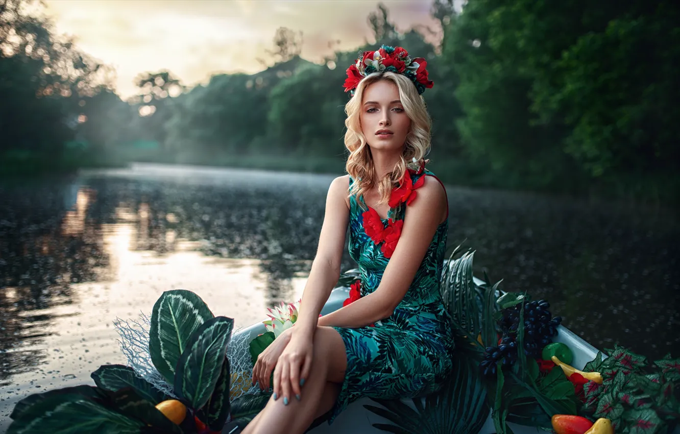 Photo wallpaper look, girl, pose, style, river, boat, dress, fruit