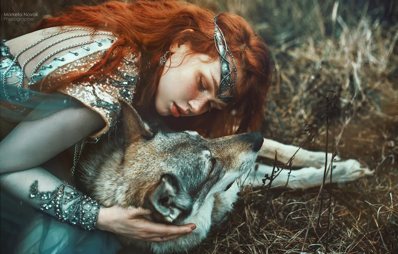 Photo wallpaper girl, wolf, dog, red, friends, Princess, redhead, Marketa Novak