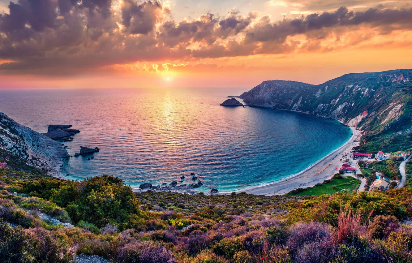 Photo wallpaper sea, beach, the sun, clouds, sunset, flowers, rocks, shore