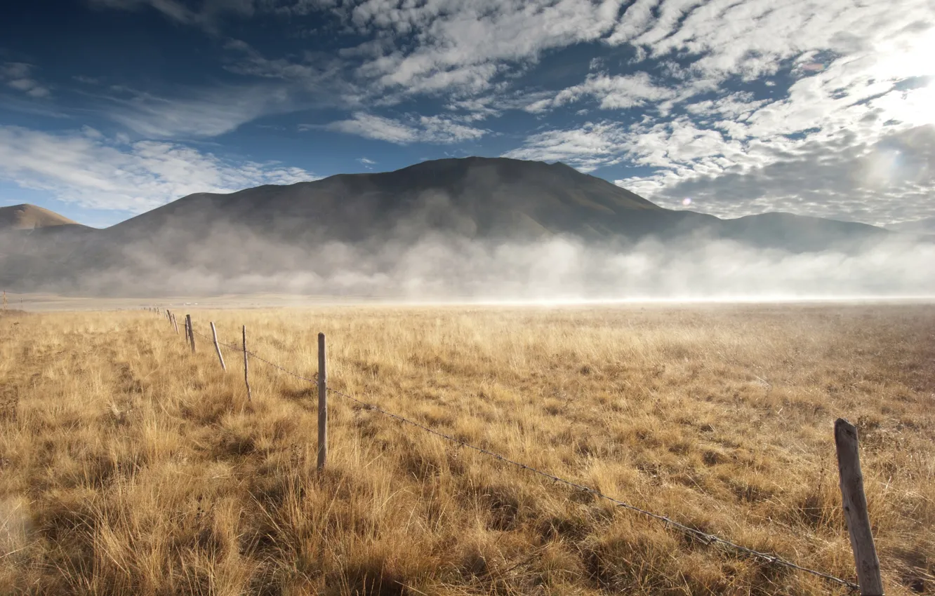 Photo wallpaper field, fog, the fence