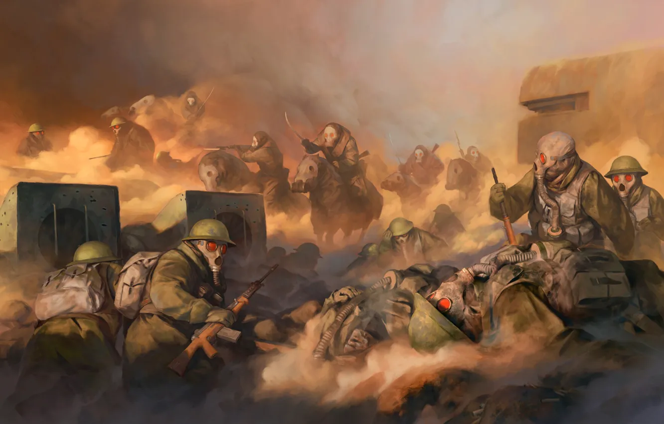 Photo wallpaper war, strengthening, masks, cavalry, gas attack, Stepan Alekseev