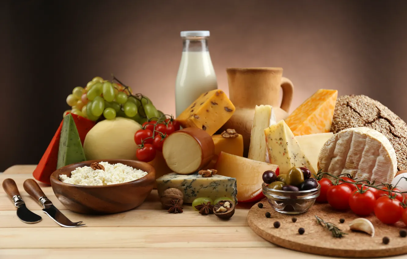 Photo wallpaper eggs, cheese, grapes, pitcher, tomatoes, olives, garlic, cheese