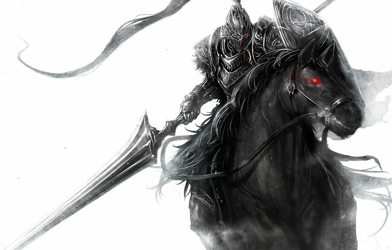 Photo wallpaper weapons, horse, figure, rider, red eye, monochrome