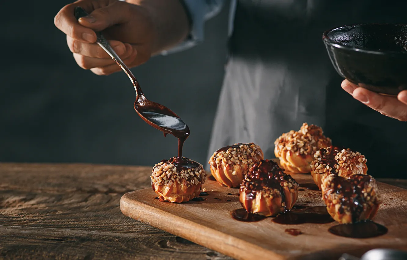 Photo wallpaper table, hands, cookies, spoon, male, cake, bowl, cream