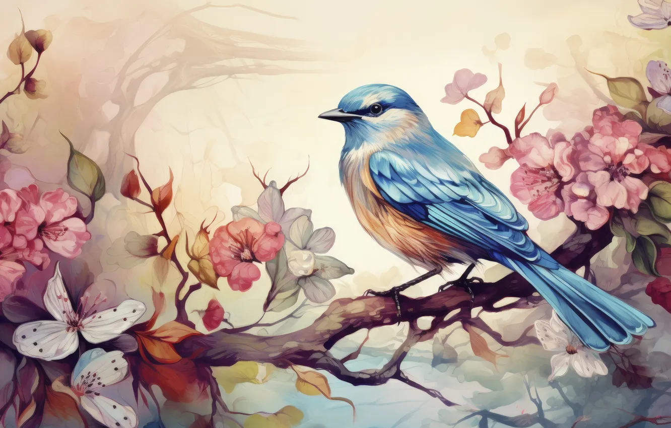 Photo wallpaper flowers, bird, branch, watercolor, painting, flowering, imitation of watercolor, AI art