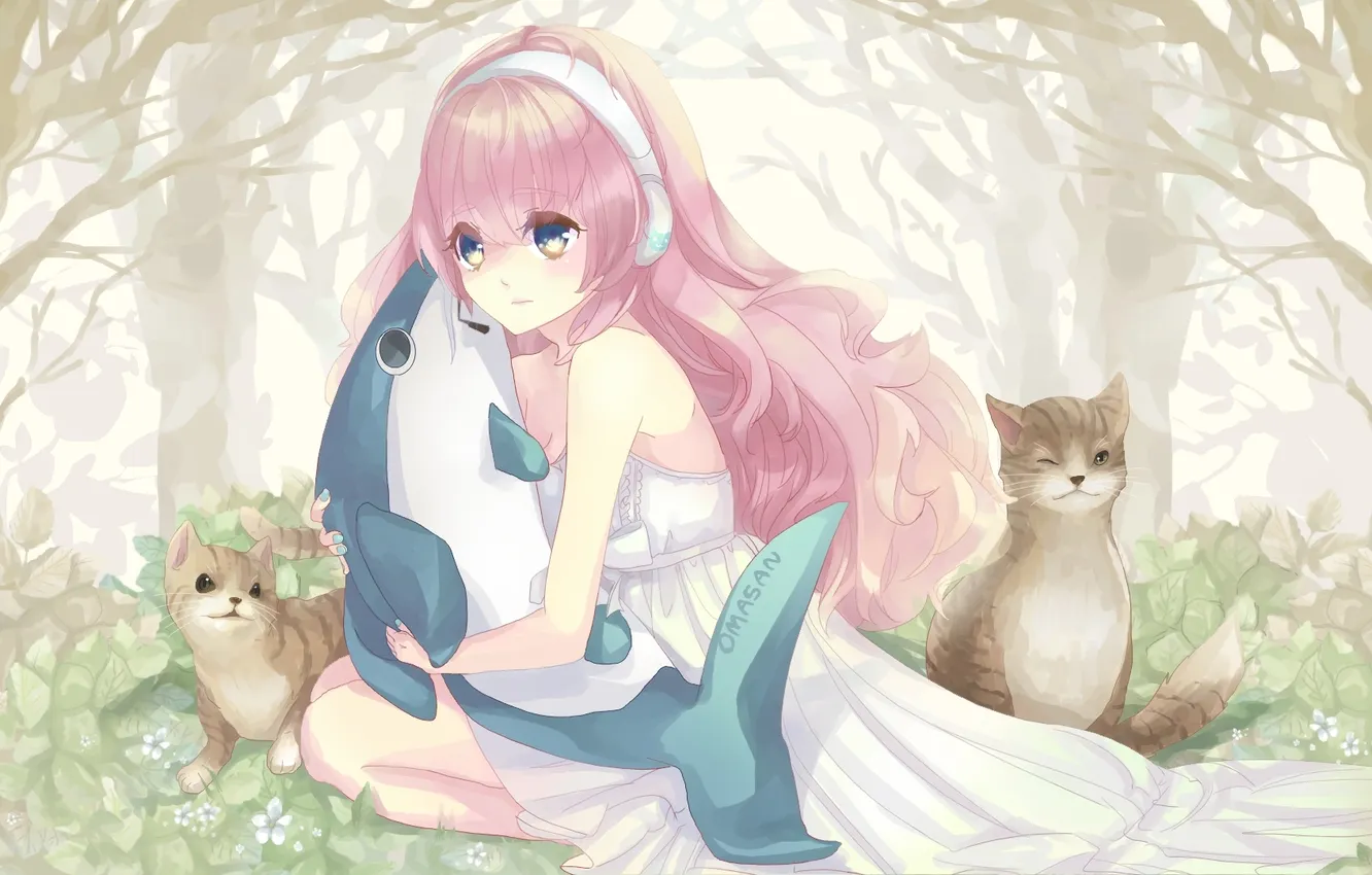 Photo wallpaper cat, girl, animal, toy, headphones, art, dolphins, microphone