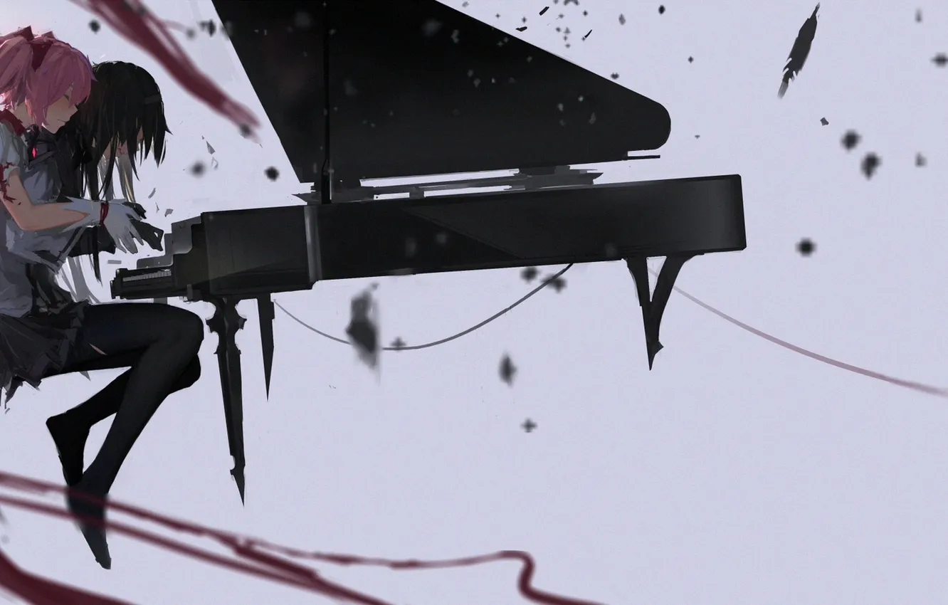 Photo wallpaper girl, anime, feathers, piano, art, mahou shoujo madoka magica, homura akemi, madoka kaname