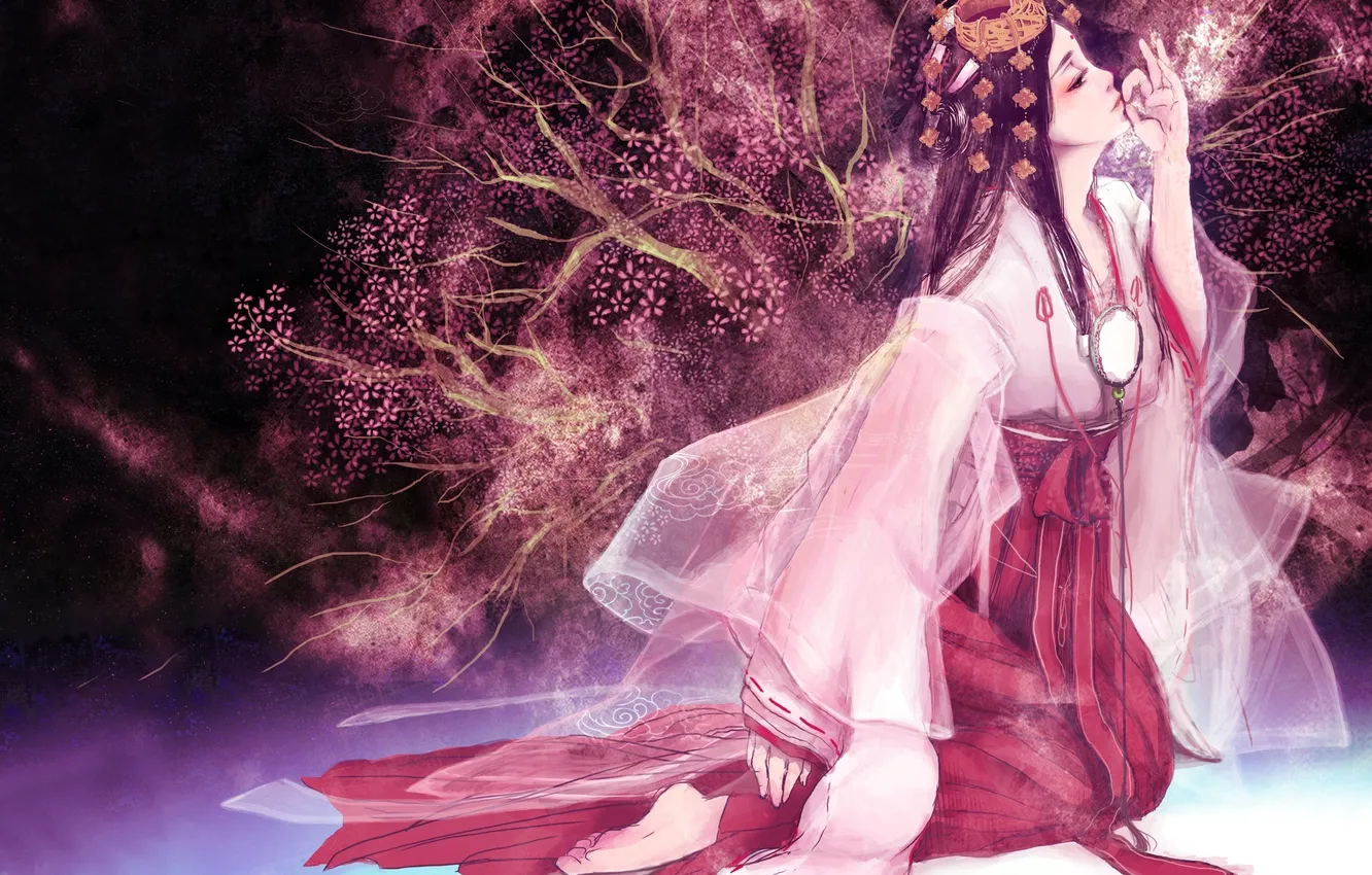 Photo wallpaper girl, trees, figure, Sakura, outfit, national