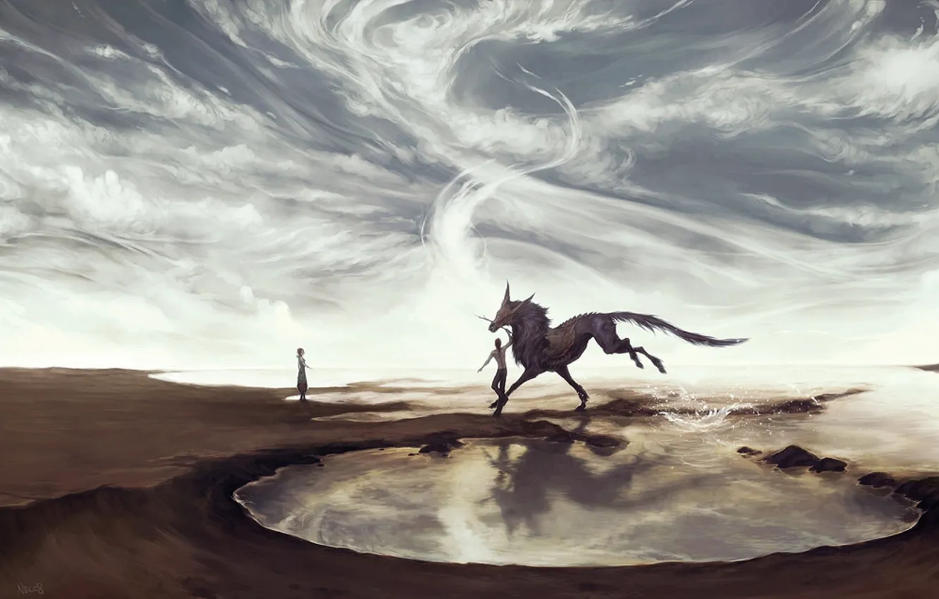 Photo wallpaper the sky, water, girl, fiction, horse, art, guy, fantasy