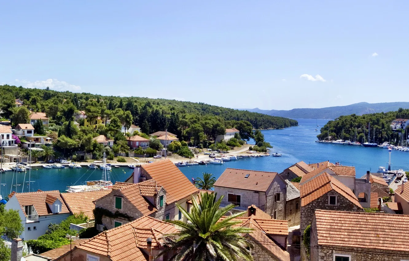 Photo wallpaper trees, river, coast, boat, home, yacht, boat, Croatia