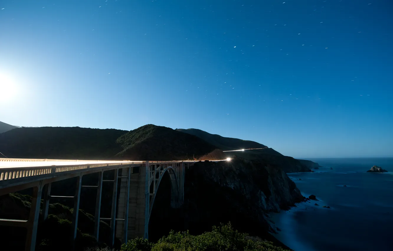 Photo wallpaper road, night, bridge, the ocean, rocks, highway, CA, rock