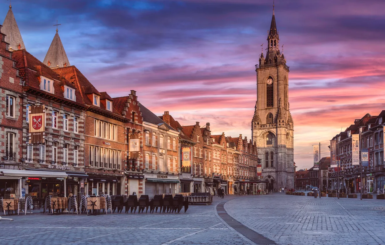 Photo wallpaper the sky, sunset, tower, home, the evening, area, Belgium, Belgium