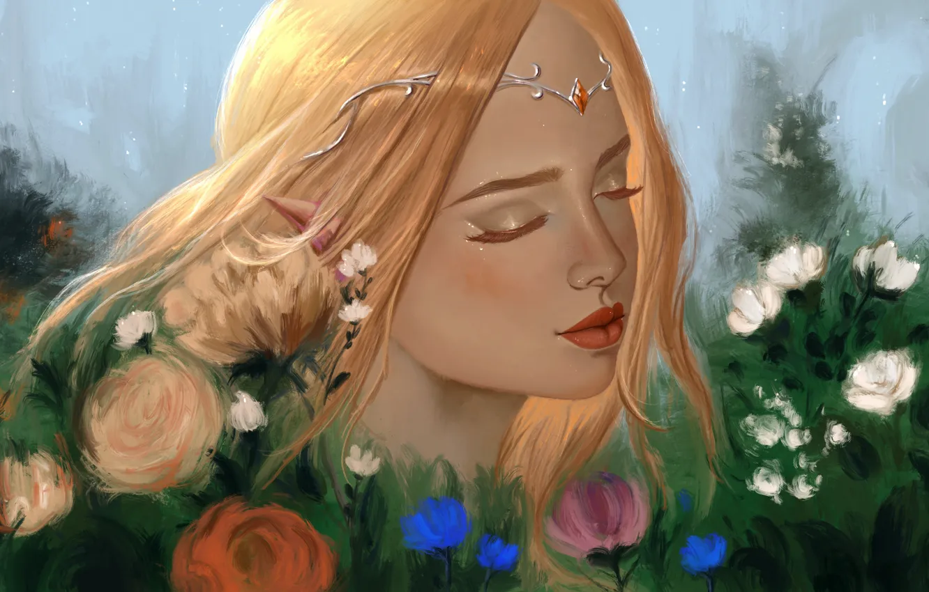 Photo wallpaper eyelashes, eyebrows, red, elf, Diadema, long hair, closed eyes, flower garden