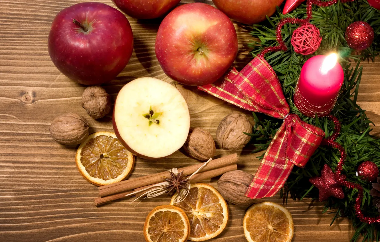 Photo wallpaper apples, fruit, nuts, Christmas, lemons, New Year, decoration