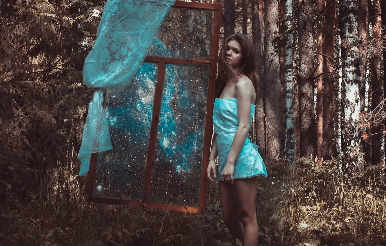 Photo wallpaper forest, girl, space, window