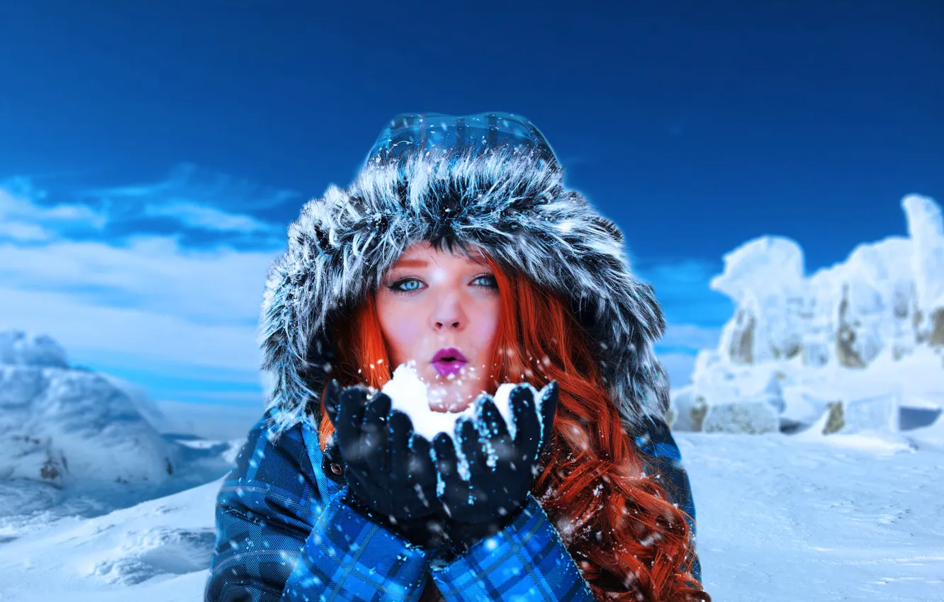 Photo wallpaper winter, girl, snow, mountains, mood, hair, hood, red
